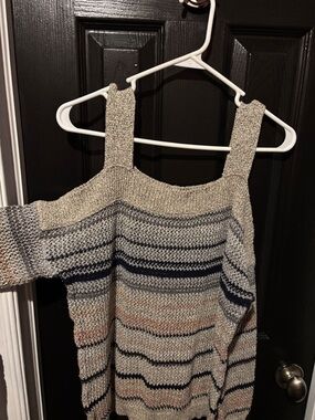 Maurices Neutral Knit Off-Shoulder Sweater with Navy and Peach Stripes